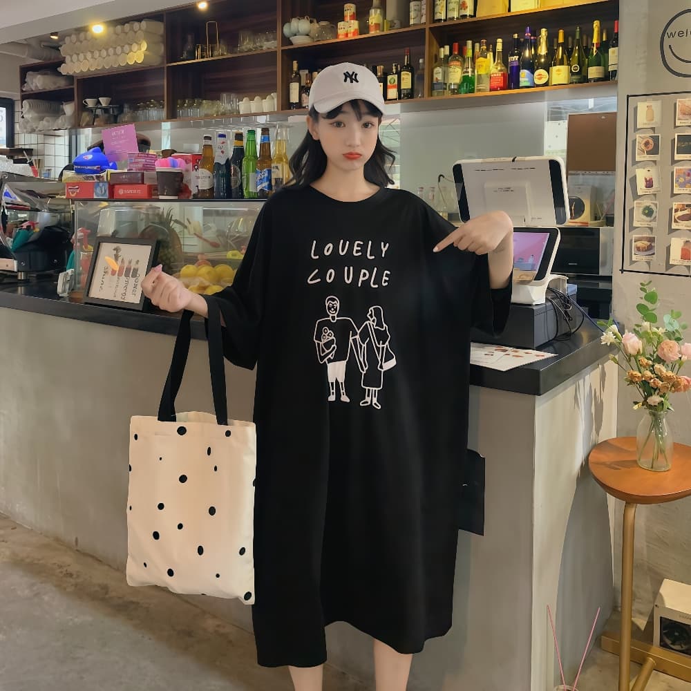 경관 그림 지방 mm 치마 여성용 짧은 소매 순면 여름 드레스 빅 사이즈 루즈핏 무릎 아래 캐주얼 길다 치마 무릎 아래 게으른 티셔츠 이미지 3