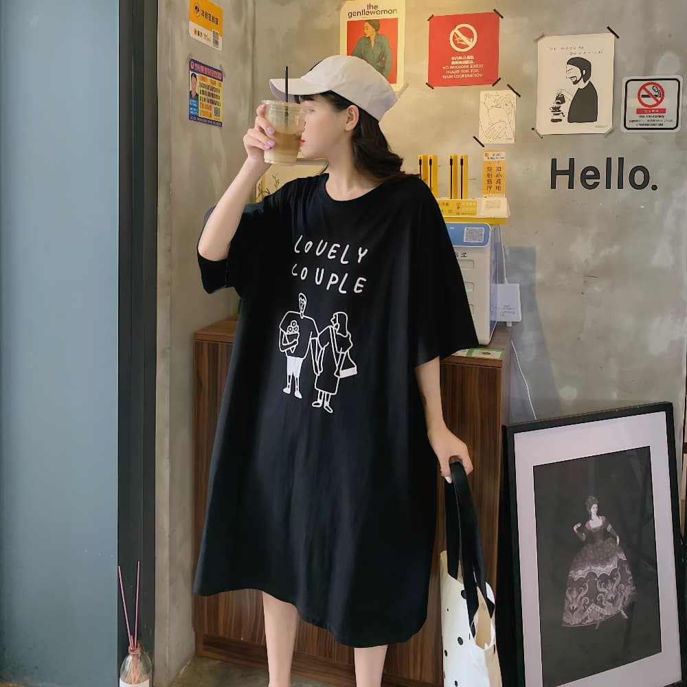 경관 그림 지방 mm 치마 여성용 짧은 소매 순면 여름 드레스 빅 사이즈 루즈핏 무릎 아래 캐주얼 길다 치마 무릎 아래 게으른 티셔츠 상세 이미지 7