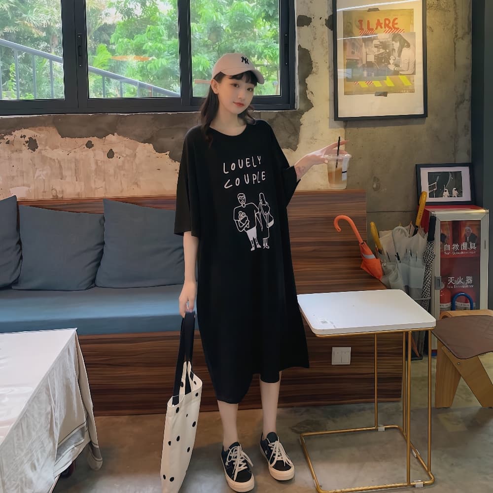 경관 그림 지방 mm 치마 여성용 짧은 소매 순면 여름 드레스 빅 사이즈 루즈핏 무릎 아래 캐주얼 길다 치마 무릎 아래 게으른 티셔츠 상세 이미지 12