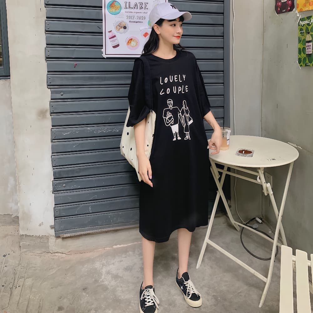 경관 그림 지방 mm 치마 여성용 짧은 소매 순면 여름 드레스 빅 사이즈 루즈핏 무릎 아래 캐주얼 길다 치마 무릎 아래 게으른 티셔츠 상세 이미지 13