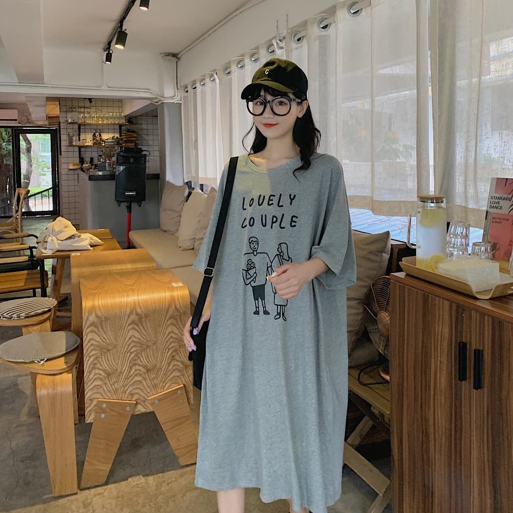 경관 그림 지방 mm 치마 여성용 짧은 소매 순면 여름 드레스 빅 사이즈 루즈핏 무릎 아래 캐주얼 길다 치마 무릎 아래 게으른 티셔츠 상세 이미지 21
