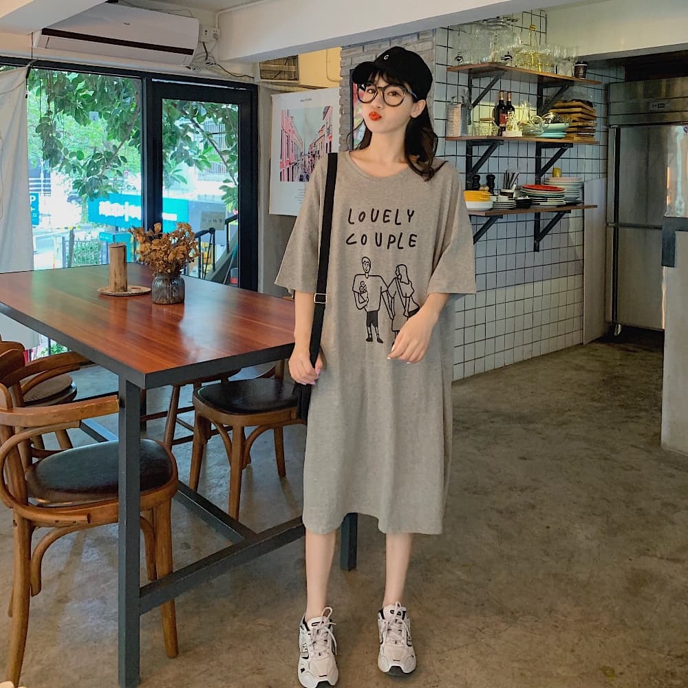 경관 그림 지방 mm 치마 여성용 짧은 소매 순면 여름 드레스 빅 사이즈 루즈핏 무릎 아래 캐주얼 길다 치마 무릎 아래 게으른 티셔츠 상세 이미지 22
