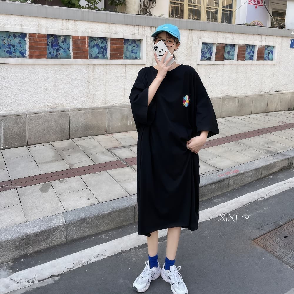 경관 그림 지방 mm 반팔 티셔츠 드레스 여름 중간 길이 무릎 아래 캐주얼 길다 치마 빅 사이즈 순면 옷 상세 이미지 7