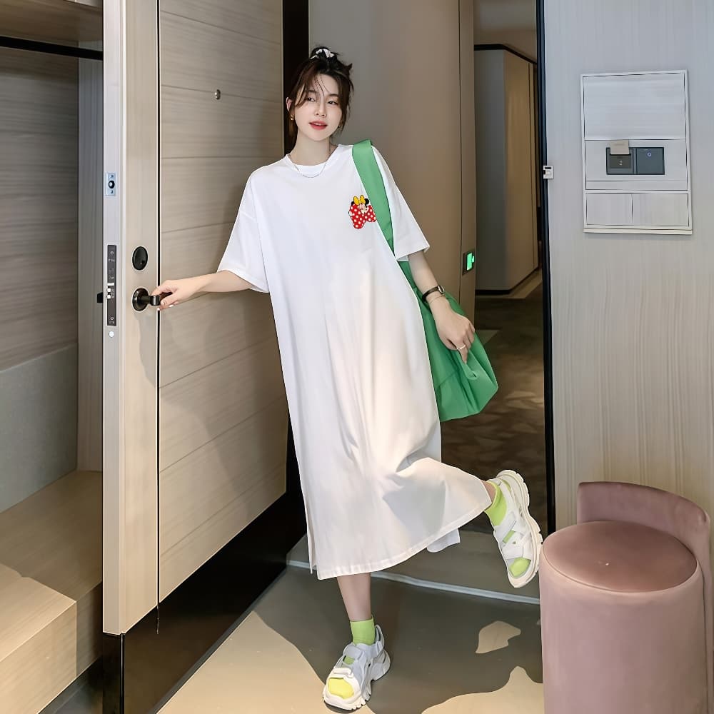 경관 그림 지방 mm 롱 코트 치마 여름 루즈핏 순면 티셔츠 치마 빅 사이즈 중간 길이 표지 배 드레스 이미지 3