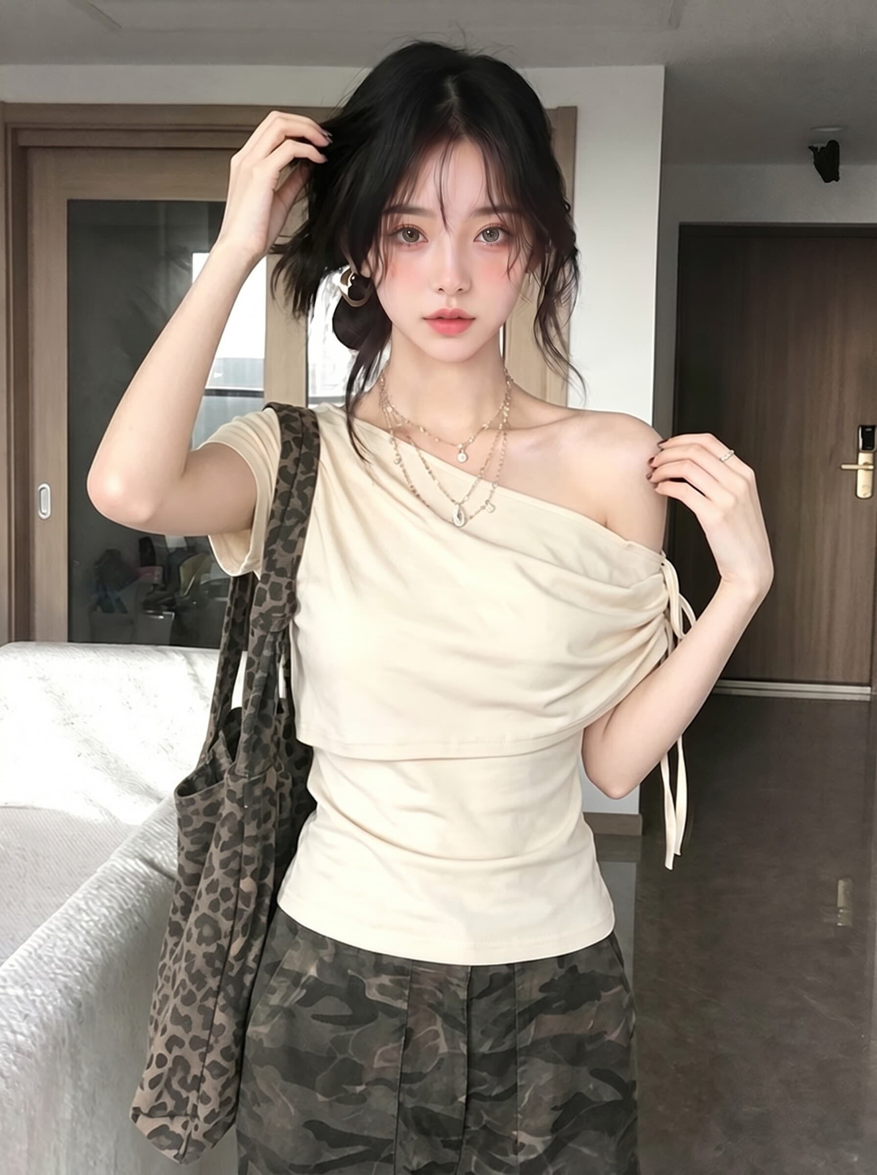 원본 것 페이크 레이어드 비스듬한 어깨 스트랩 반팔 티셔츠 여성 여름 고유 한 오프숄더 핫걸 맨위 상세 이미지 5