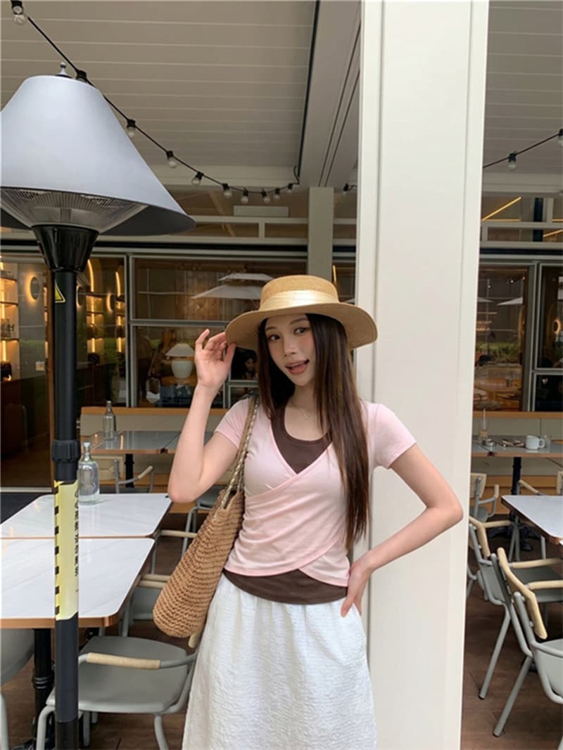 원본 사람들 면 260 그램 한 부서 디자인 십자가 페이크 레이어드 반팔 티셔츠 여성 의류 슬림해 보이는 맨위 상세 이미지 6
