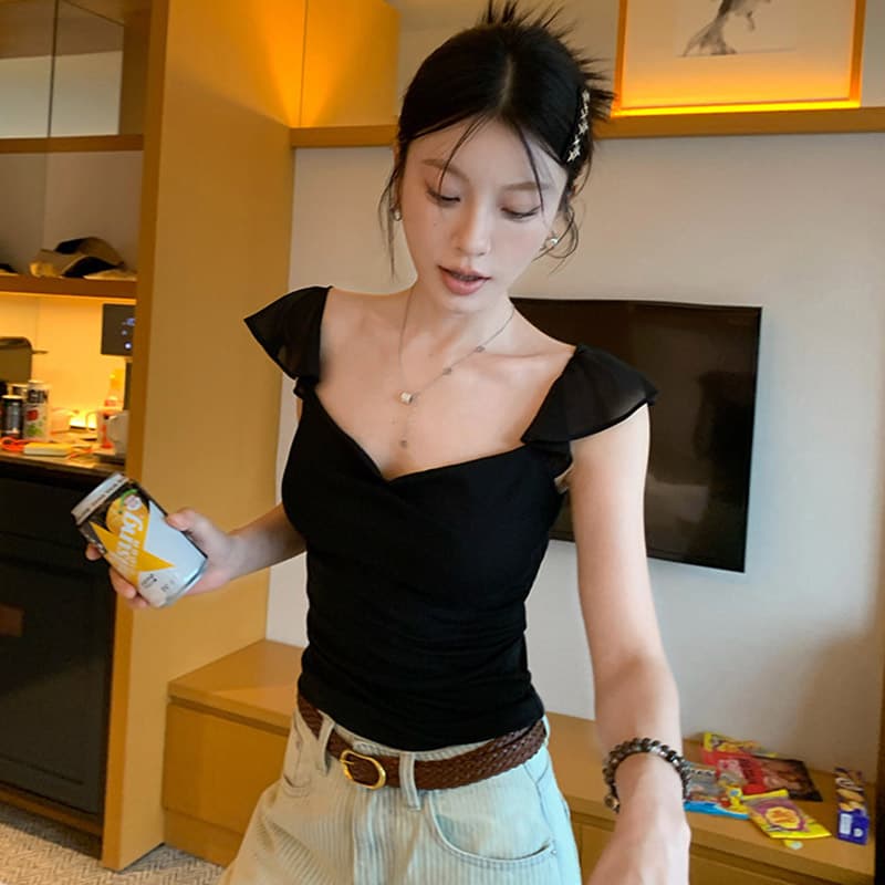 경관 그림 사람들 면 260 그램 순수한 욕망 바람 흔들다 칼라 망사 작은 날다 소매 반팔 티셔츠 여름 몸매 가꾸기 다용도 맨위 이미지 2