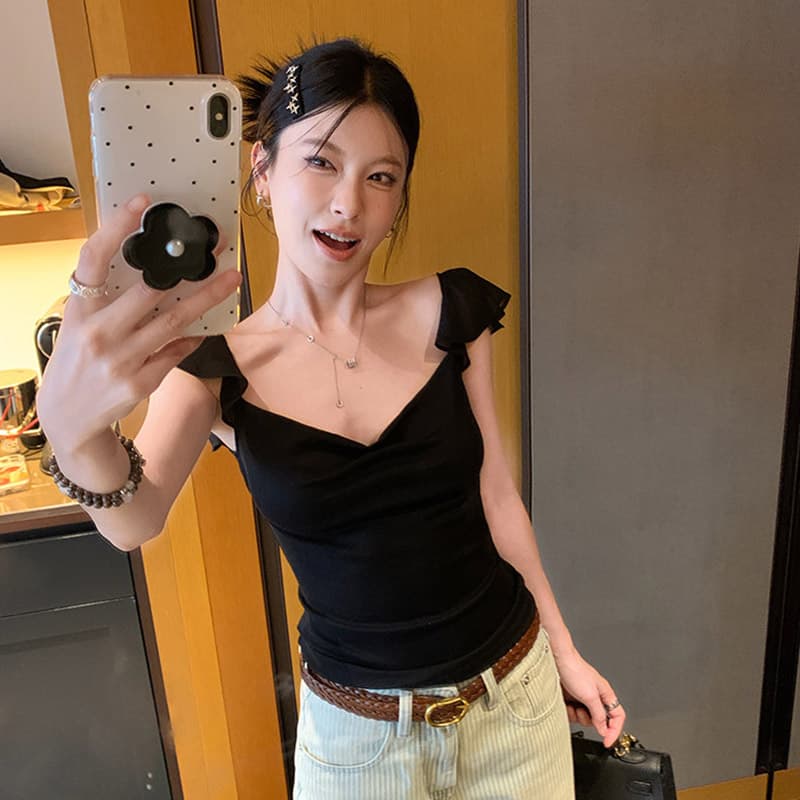 경관 그림 사람들 면 260 그램 순수한 욕망 바람 흔들다 칼라 망사 작은 날다 소매 반팔 티셔츠 여름 몸매 가꾸기 다용도 맨위 이미지 3