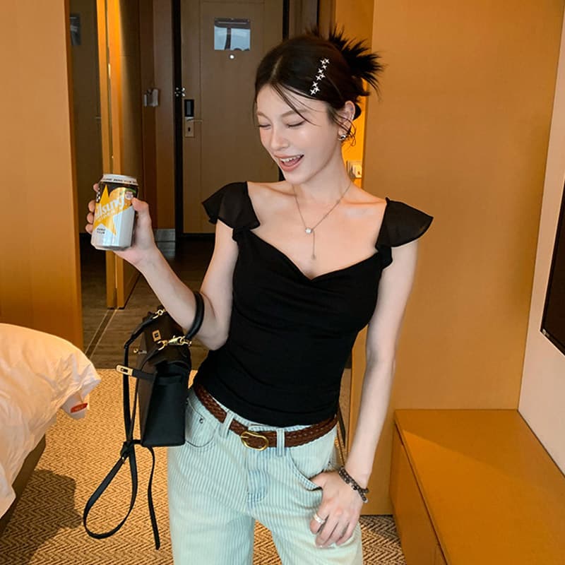경관 그림 사람들 면 260 그램 순수한 욕망 바람 흔들다 칼라 망사 작은 날다 소매 반팔 티셔츠 여름 몸매 가꾸기 다용도 맨위