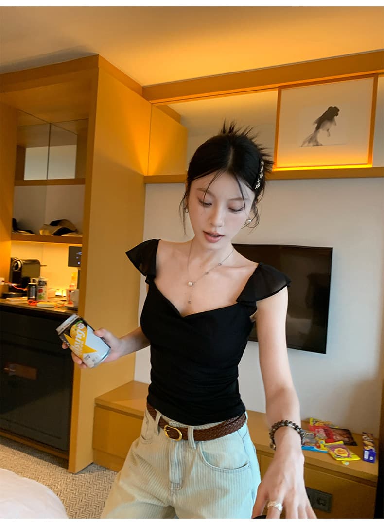경관 그림 사람들 면 260 그램 순수한 욕망 바람 흔들다 칼라 망사 작은 날다 소매 반팔 티셔츠 여름 몸매 가꾸기 다용도 맨위 상세 이미지 9