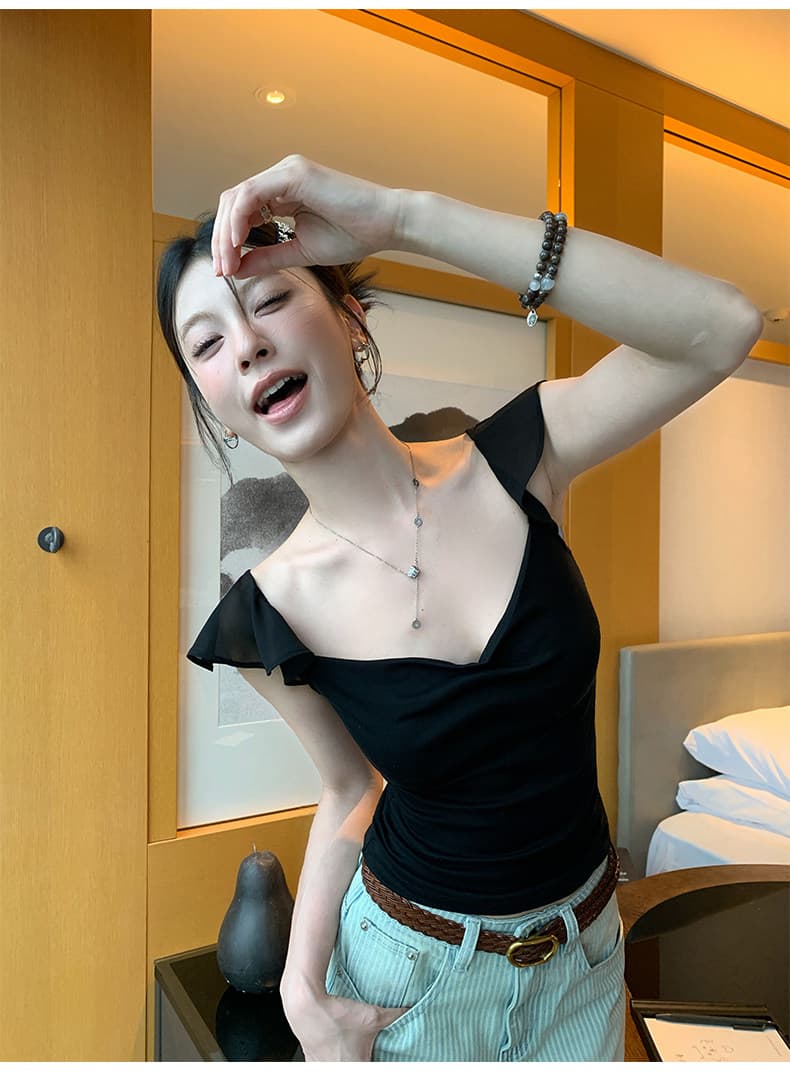 경관 그림 사람들 면 260 그램 순수한 욕망 바람 흔들다 칼라 망사 작은 날다 소매 반팔 티셔츠 여름 몸매 가꾸기 다용도 맨위 상세 이미지 11
