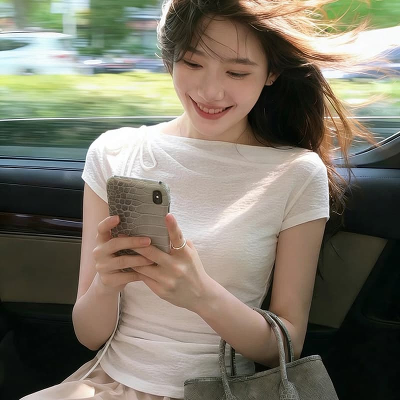 원본 대나무 마디 주름 프랑스식 패션 작은 대중 반팔 티셔츠 여성 여름 몸매 가꾸기 디자인 센스 다용도 맨위 이미지 4