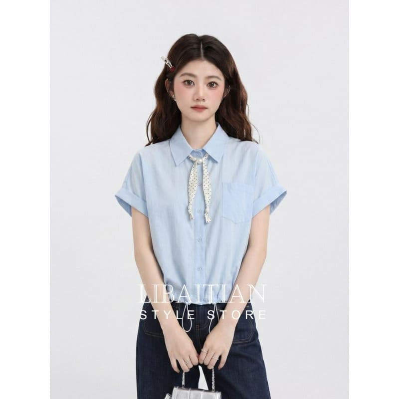 원본 것 한 부서 레이스업 파란색 미니멀리즘 품격 여성 셔츠 여름 슬림해 보이는 반팔 캐주얼 바람 맨위 이미지 3