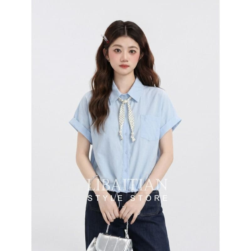 원본 것 한 부서 레이스업 파란색 미니멀리즘 품격 여성 셔츠 여름 슬림해 보이는 반팔 캐주얼 바람 맨위