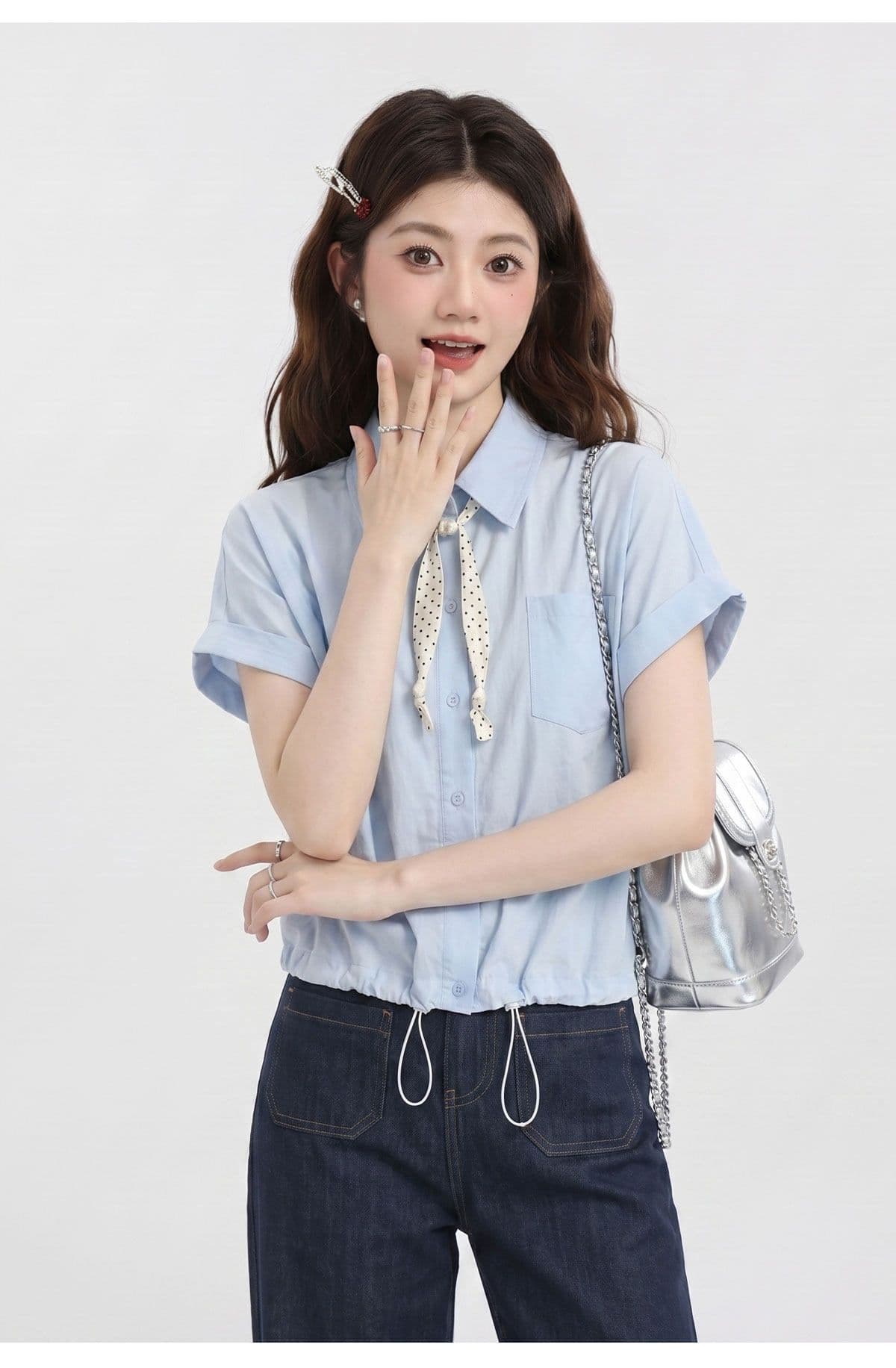 원본 것 한 부서 레이스업 파란색 미니멀리즘 품격 여성 셔츠 여름 슬림해 보이는 반팔 캐주얼 바람 맨위 상세 이미지 8