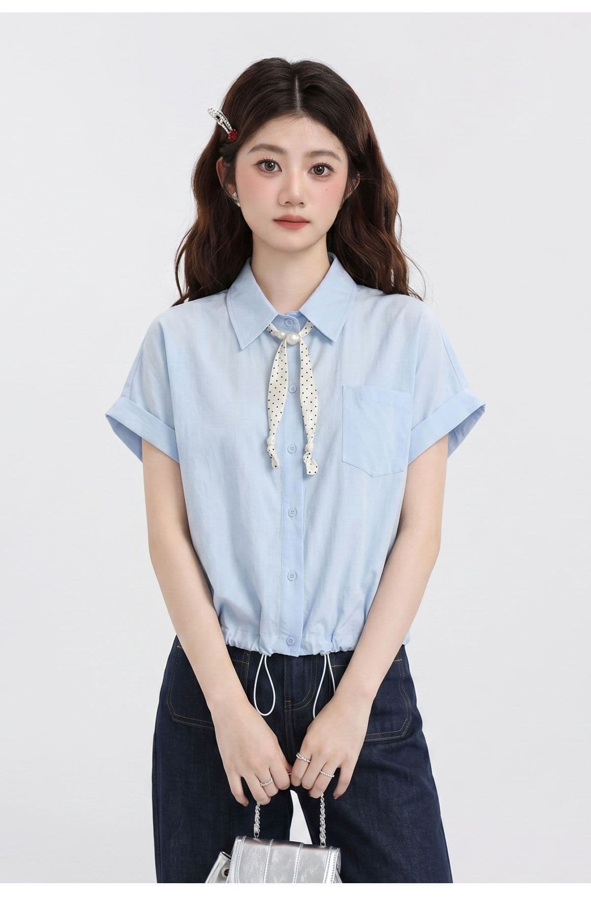 원본 것 한 부서 레이스업 파란색 미니멀리즘 품격 여성 셔츠 여름 슬림해 보이는 반팔 캐주얼 바람 맨위 상세 이미지 9