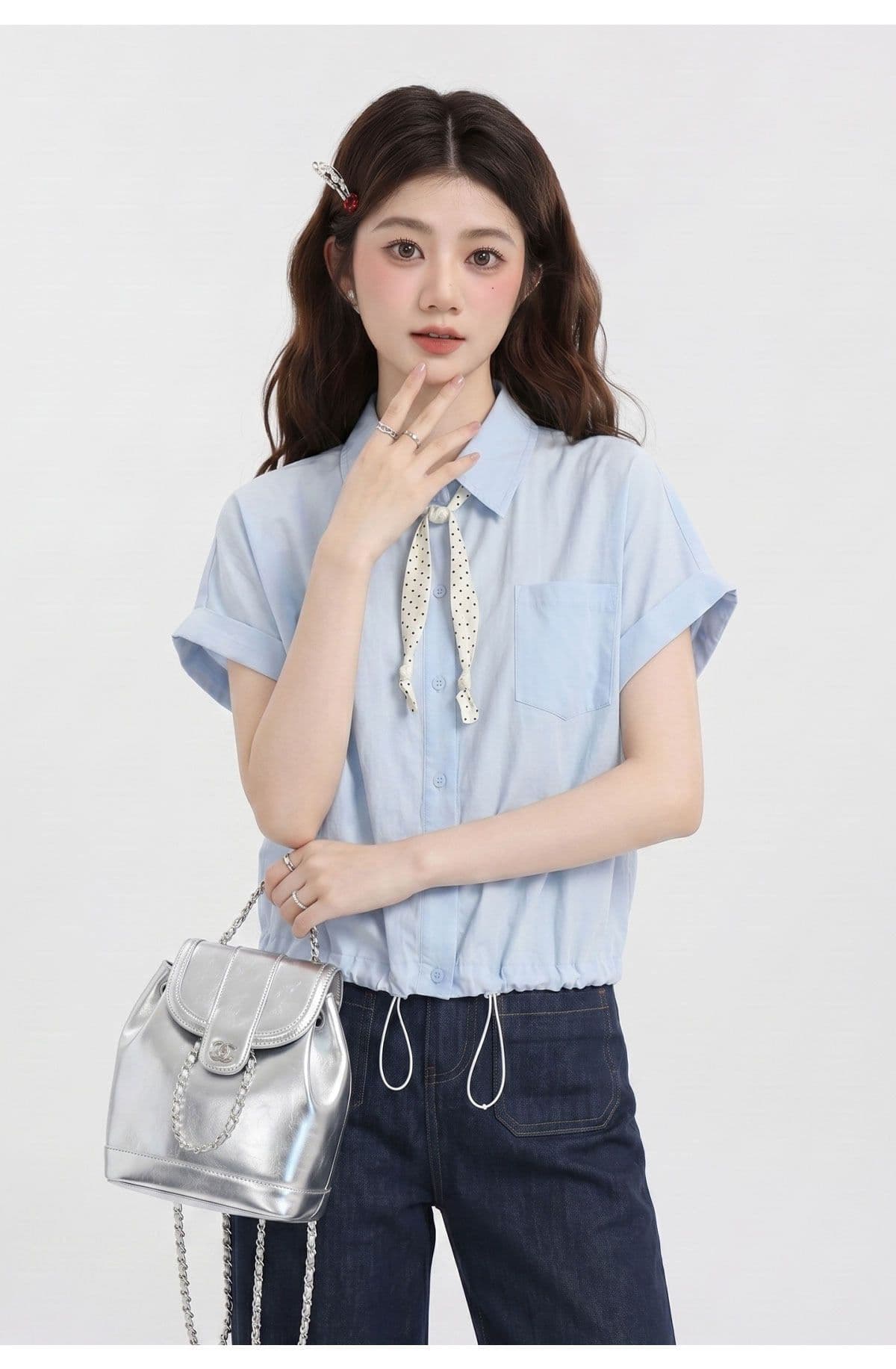 원본 것 한 부서 레이스업 파란색 미니멀리즘 품격 여성 셔츠 여름 슬림해 보이는 반팔 캐주얼 바람 맨위 상세 이미지 10