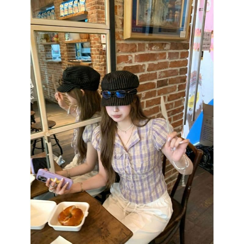 원본 컬러 짜임 그리드 있음 네리 허리 수축 여성 셔츠 여름 보라색 체크무늬 레이스업 V넥 반팔 맨위