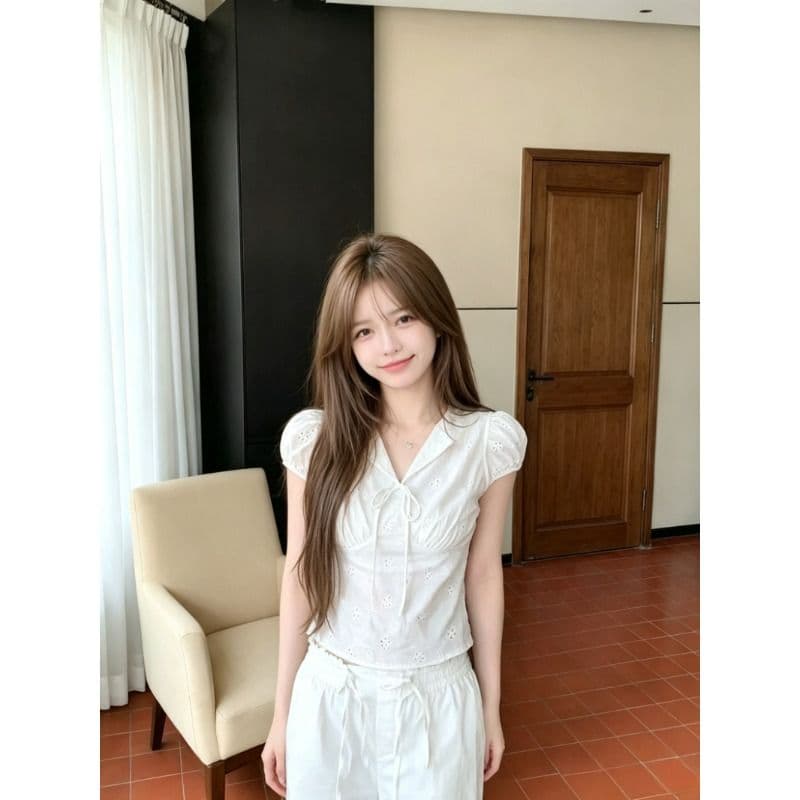 원본 컬러 짜임 그리드 있음 네리 허리 수축 여성 셔츠 여름 보라색 체크무늬 레이스업 V넥 반팔 맨위 이미지 3