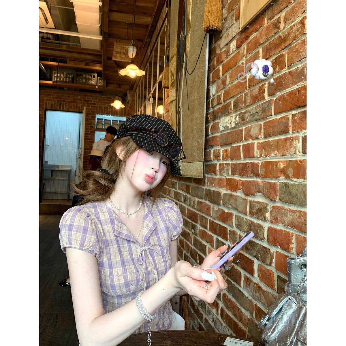 원본 컬러 짜임 그리드 있음 네리 허리 수축 여성 셔츠 여름 보라색 체크무늬 레이스업 V넥 반팔 맨위 상세 이미지 9