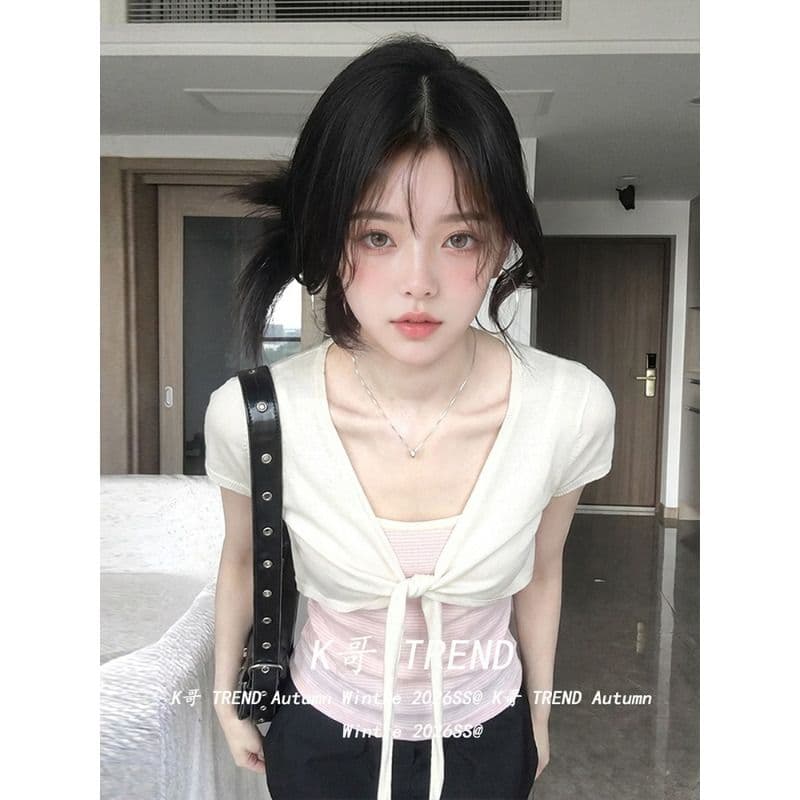 비밀 루트 리브 사람들 면 한 부서 스택 착용 스트랩 반팔 오픈 가디건 여성 투피스 세트 여름 핫걸 맨위 이미지 2