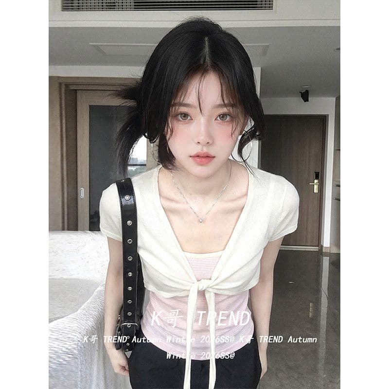 비밀 루트 리브 사람들 면 한 부서 스택 착용 스트랩 반팔 오픈 가디건 여성 투피스 세트 여름 핫걸 맨위 상세 이미지 5
