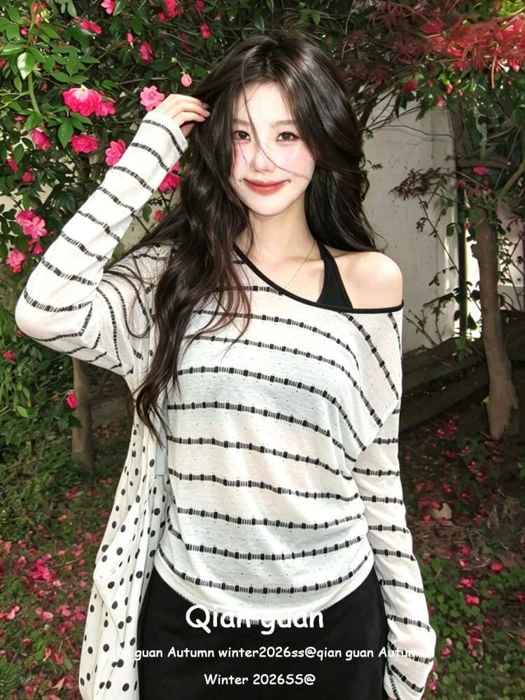 원본 컬러 짜임 스트라이프 비스듬한 어깨 긴팔 여성 여름 홀로우 아웃 자외선 차단 블라우스 루즈핏 오프숄더 맨위 투피스 세트 상세 이미지 4