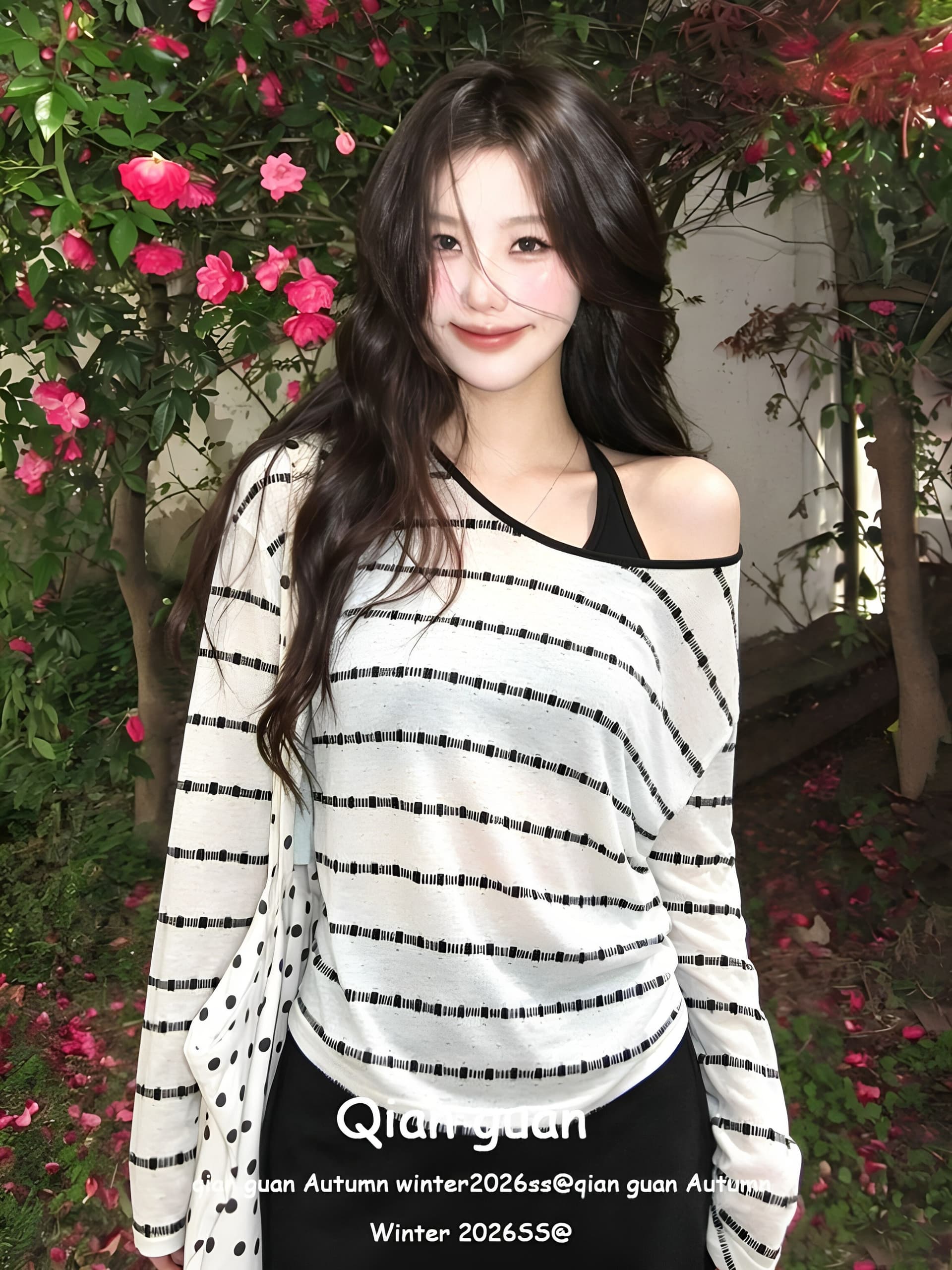 원본 컬러 짜임 스트라이프 비스듬한 어깨 긴팔 여성 여름 홀로우 아웃 자외선 차단 블라우스 루즈핏 오프숄더 맨위 투피스 세트 상세 이미지 7