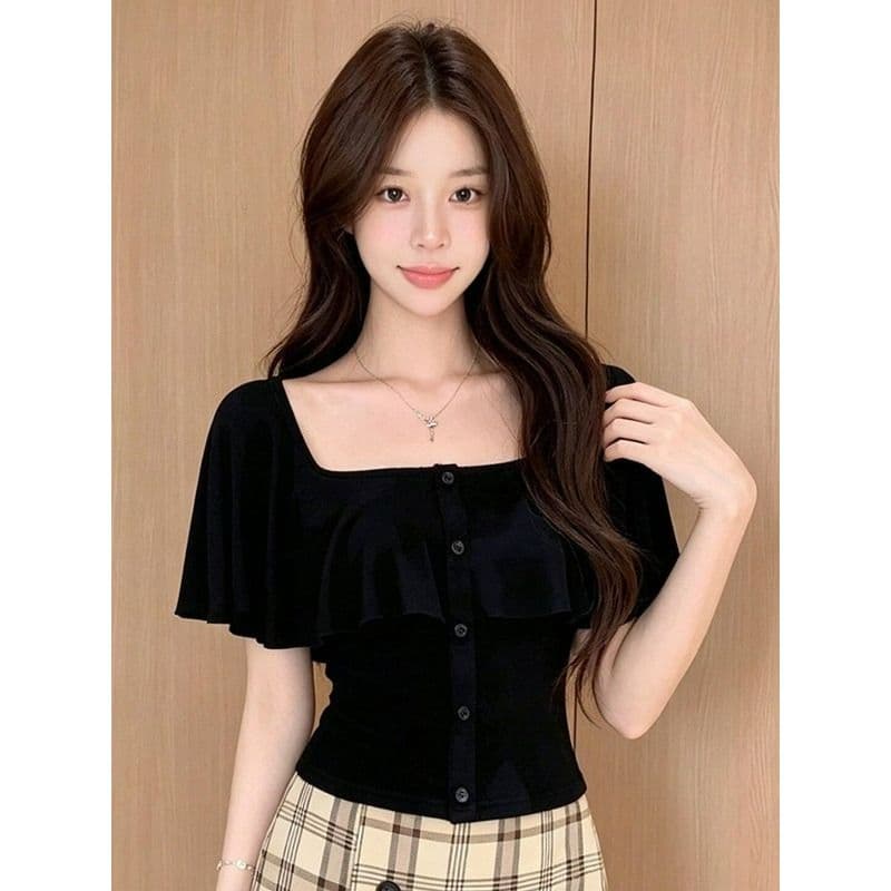 와 사고 방식 순수한 욕망 오프숄더 반팔 티셔츠 여성 여름 디자인 센스 프릴 단추 몸매 가꾸기 한 첨부 된 의류 이미지 4