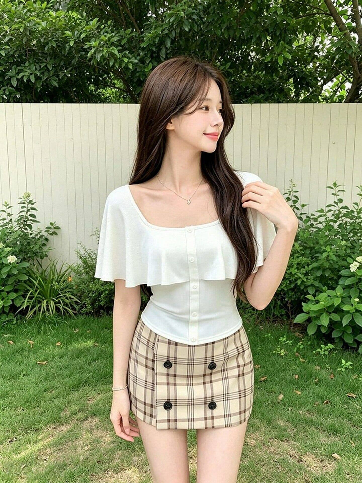 와 사고 방식 순수한 욕망 오프숄더 반팔 티셔츠 여성 여름 디자인 센스 프릴 단추 몸매 가꾸기 한 첨부 된 의류 상세 이미지 2