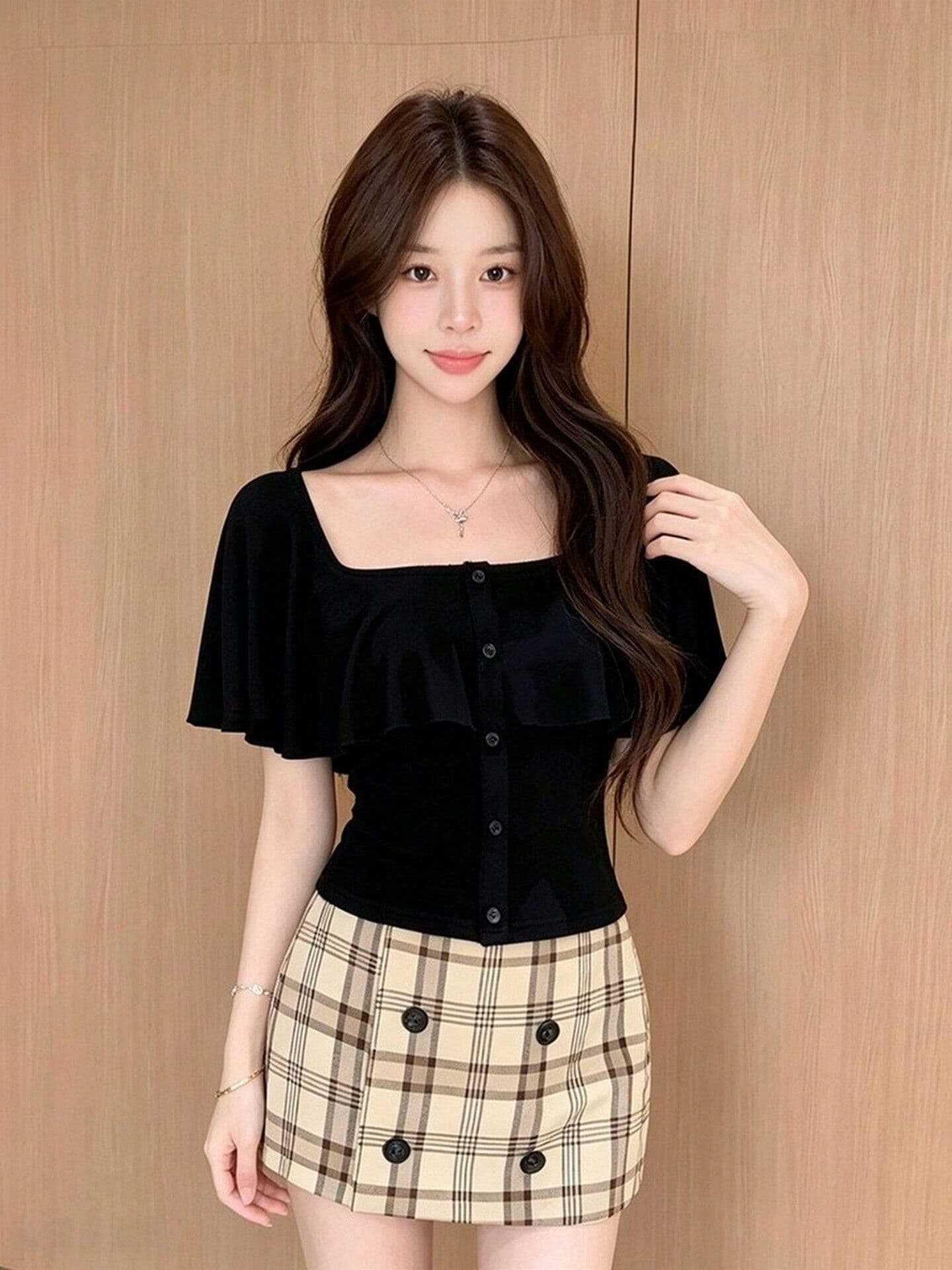 와 사고 방식 순수한 욕망 오프숄더 반팔 티셔츠 여성 여름 디자인 센스 프릴 단추 몸매 가꾸기 한 첨부 된 의류 상세 이미지 6
