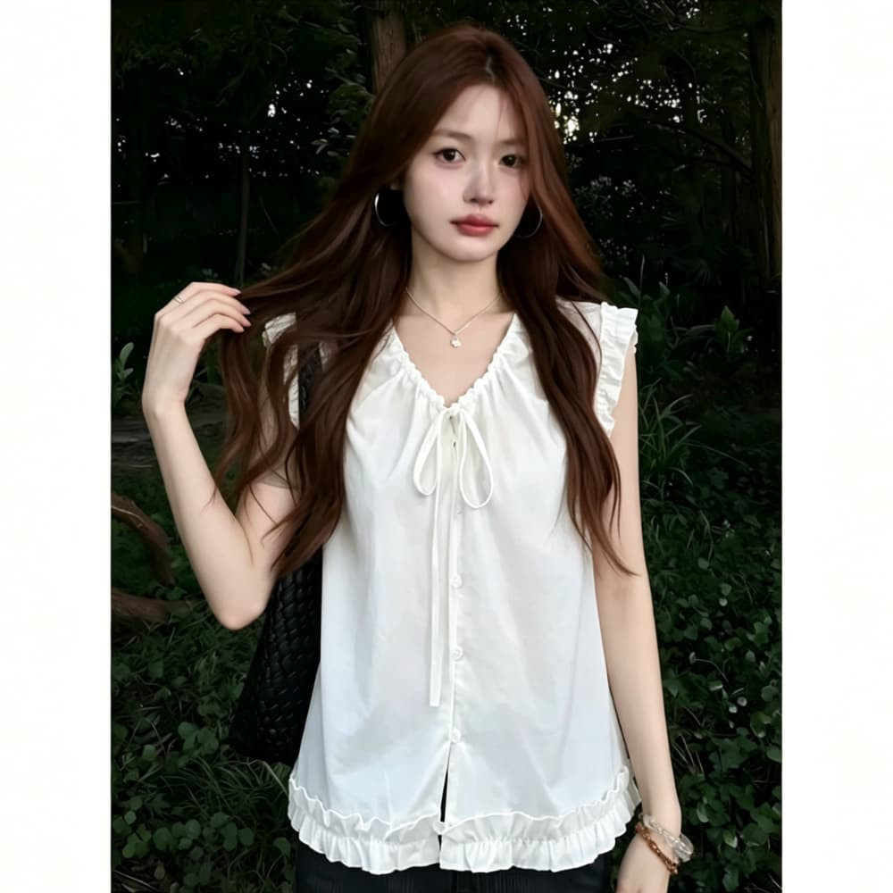 펌프 로프 조정 레이스업 프릴 주름 민소매 여성 셔츠 여름 프랑스식 달콤함 루즈핏 슬림해 보이는 인형 셔츠 맨위 상세 이미지 2