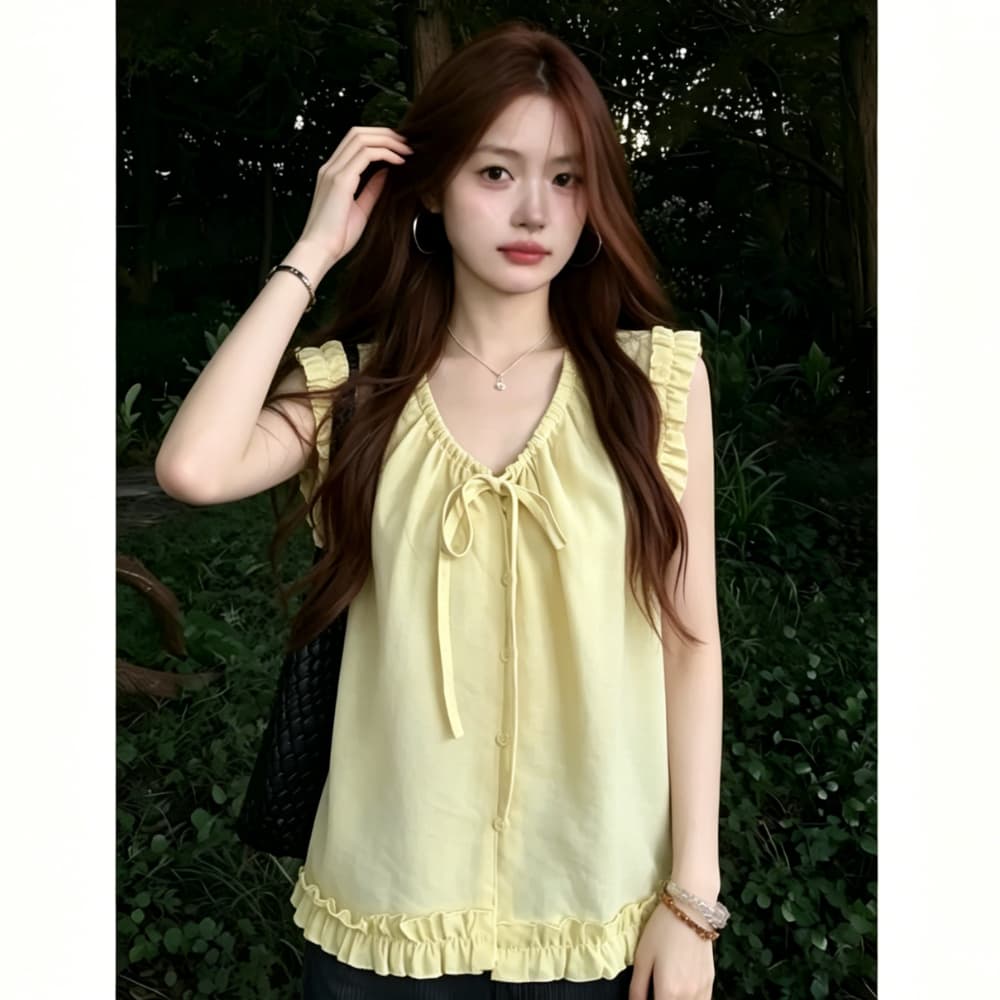 펌프 로프 조정 레이스업 프릴 주름 민소매 여성 셔츠 여름 프랑스식 달콤함 루즈핏 슬림해 보이는 인형 셔츠 맨위 상세 이미지 5