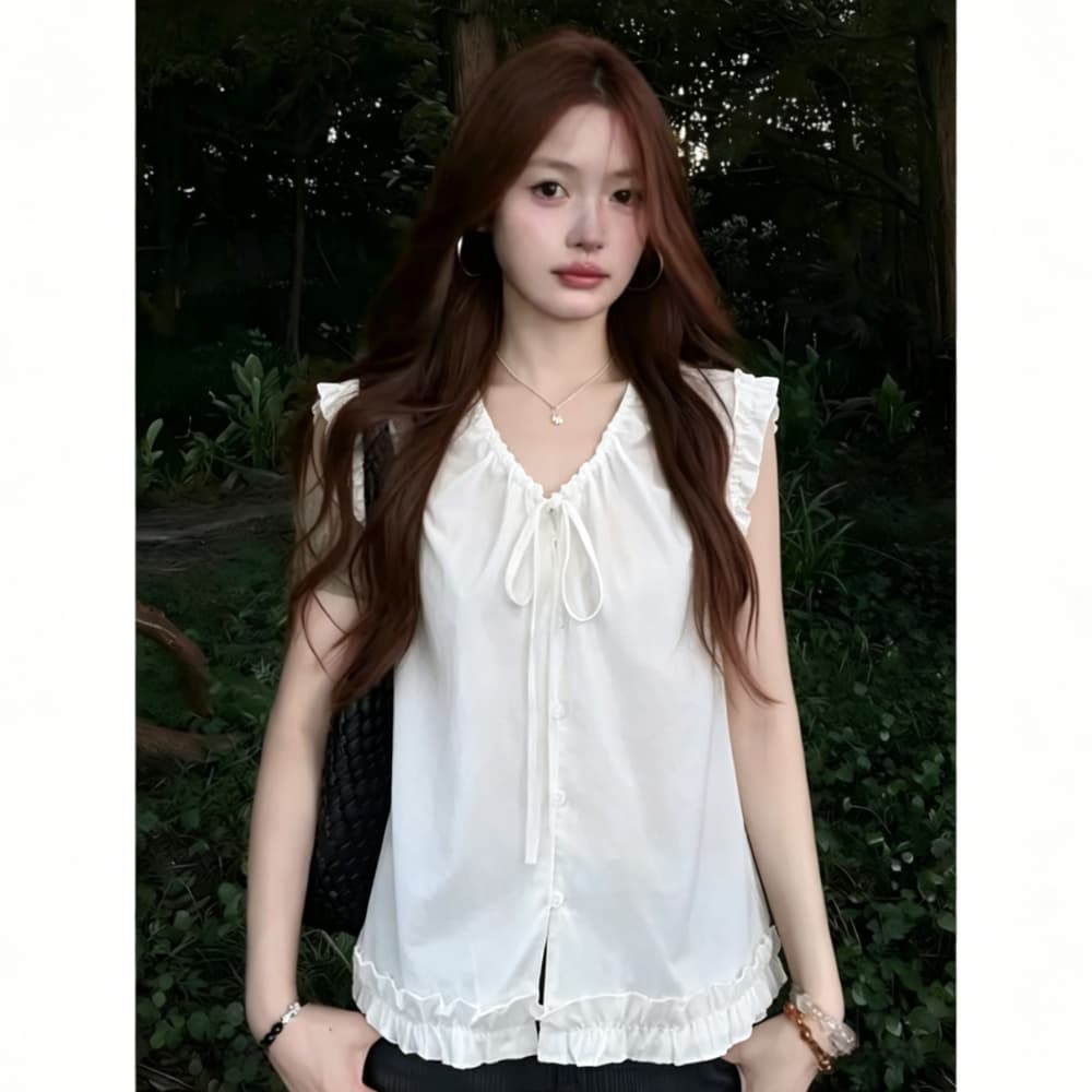펌프 로프 조정 레이스업 프릴 주름 민소매 여성 셔츠 여름 프랑스식 달콤함 루즈핏 슬림해 보이는 인형 셔츠 맨위 상세 이미지 7