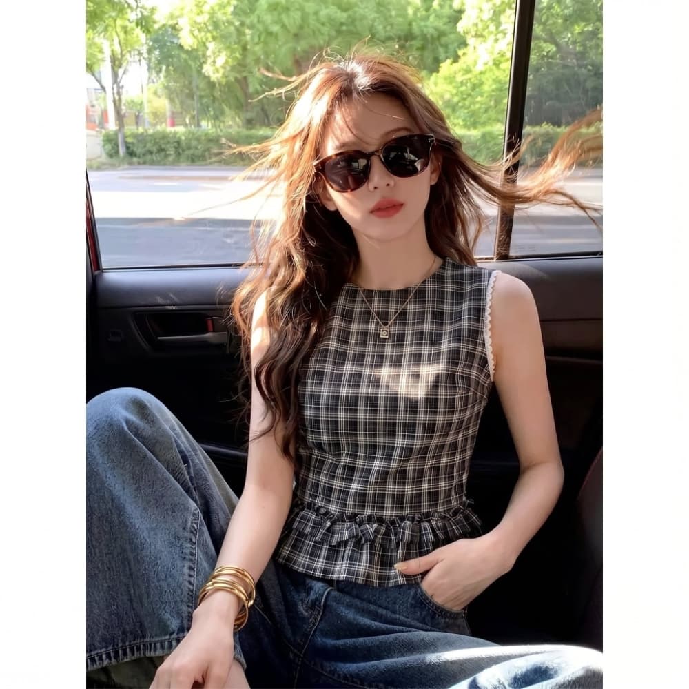 레트로 체크무늬 프릴 민소매 조끼 여성 여름 루즈핏 다용도 인형 셔츠 검정색 맨위 셔츠 셔츠 베스트 상세 이미지 4