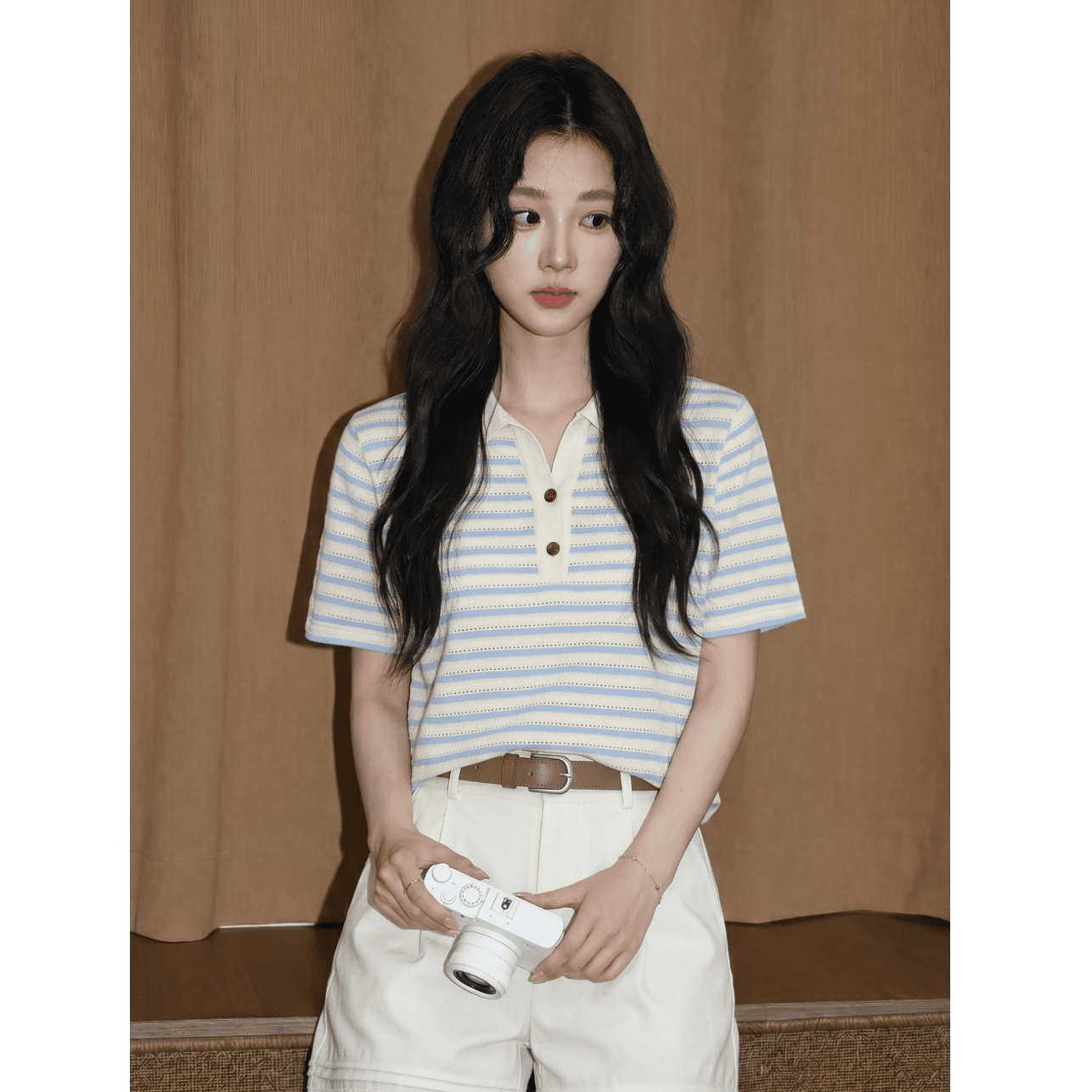 파란색 POLO 칼라 스트라이프 반팔 티셔츠 여성 2026 여름 새로운 루즈핏 배색 홀로우 아웃 반소매 동정 맨위 이미지 5