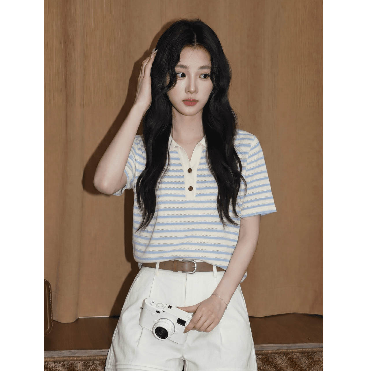 파란색 POLO 칼라 스트라이프 반팔 티셔츠 여성 2026 여름 새로운 루즈핏 배색 홀로우 아웃 반소매 동정 맨위 이미지 4