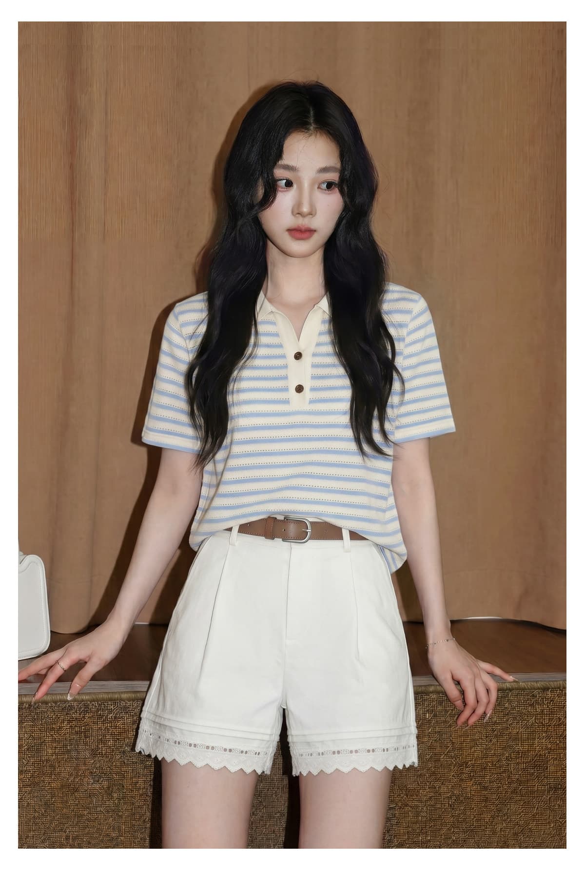 파란색 POLO 칼라 스트라이프 반팔 티셔츠 여성 2026 여름 새로운 루즈핏 배색 홀로우 아웃 반소매 동정 맨위 상세 이미지 2