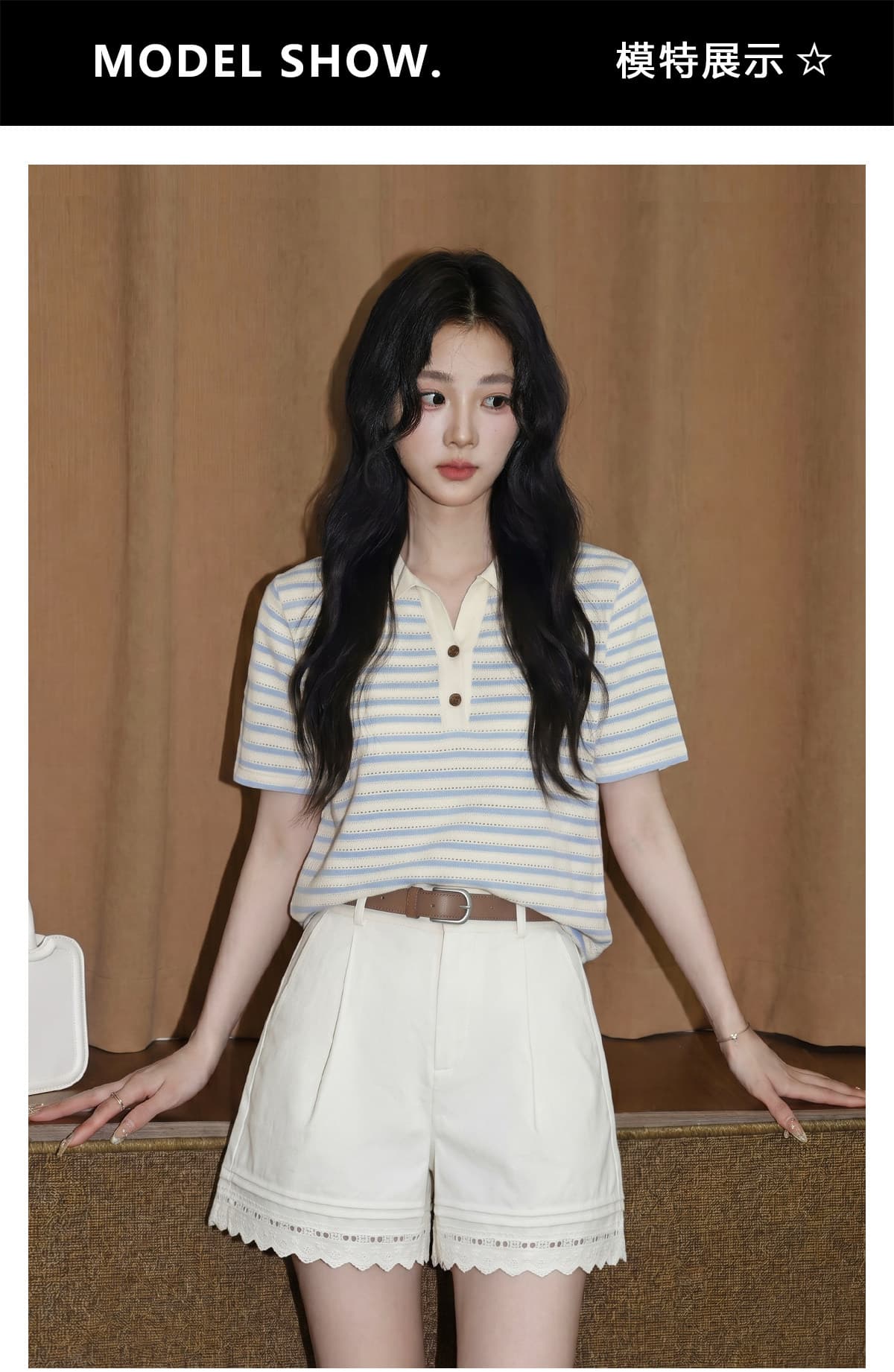 파란색 POLO 칼라 스트라이프 반팔 티셔츠 여성 2026 여름 새로운 루즈핏 배색 홀로우 아웃 반소매 동정 맨위 상세 이미지 3