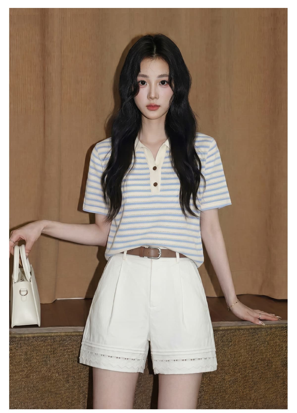 파란색 POLO 칼라 스트라이프 반팔 티셔츠 여성 2026 여름 새로운 루즈핏 배색 홀로우 아웃 반소매 동정 맨위 상세 이미지 5