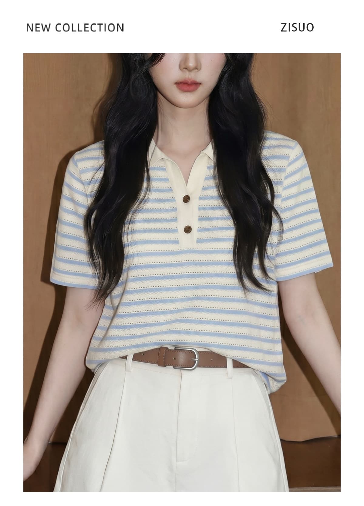 파란색 POLO 칼라 스트라이프 반팔 티셔츠 여성 2026 여름 새로운 루즈핏 배색 홀로우 아웃 반소매 동정 맨위 상세 이미지 6