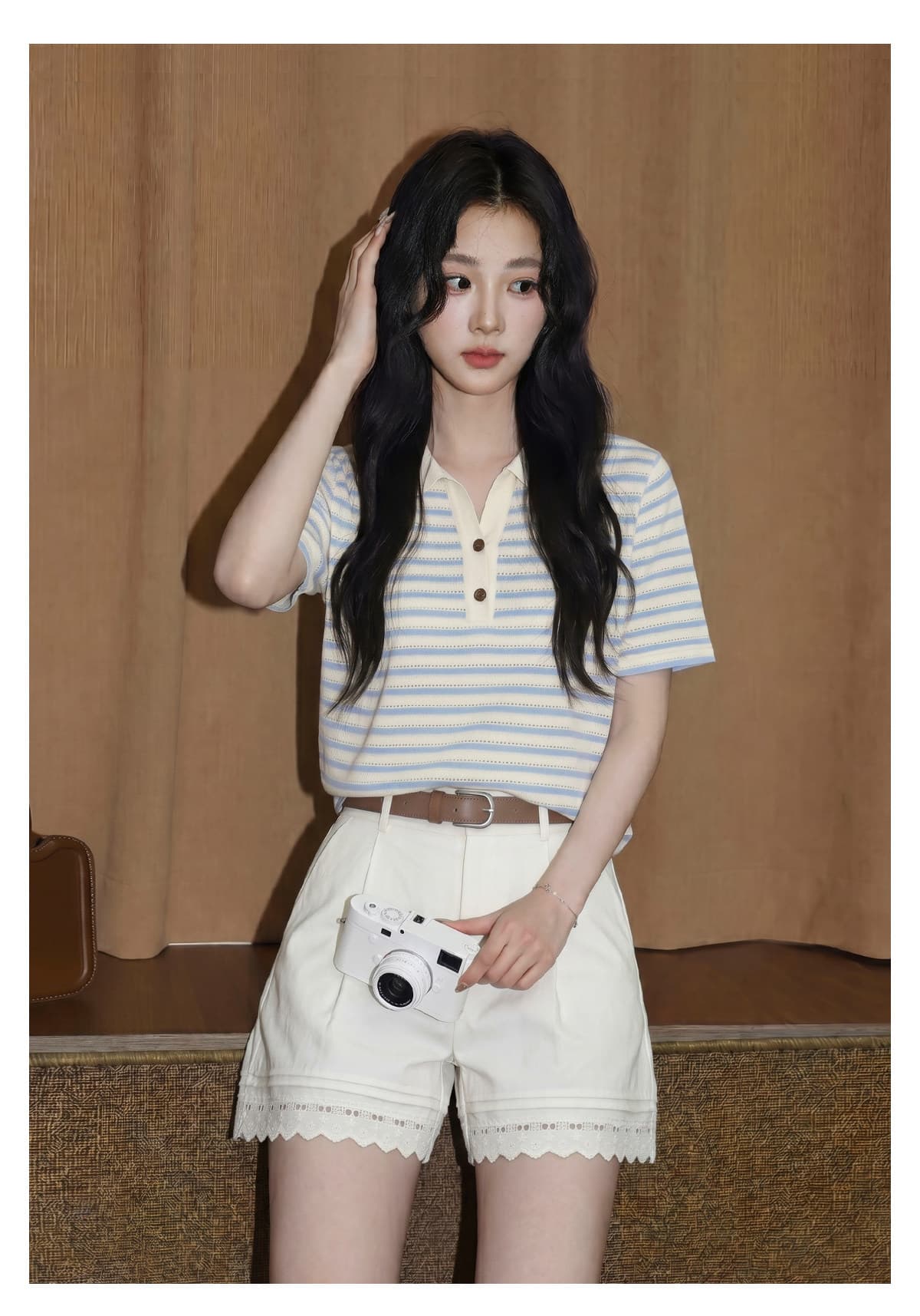 파란색 POLO 칼라 스트라이프 반팔 티셔츠 여성 2026 여름 새로운 루즈핏 배색 홀로우 아웃 반소매 동정 맨위 상세 이미지 7