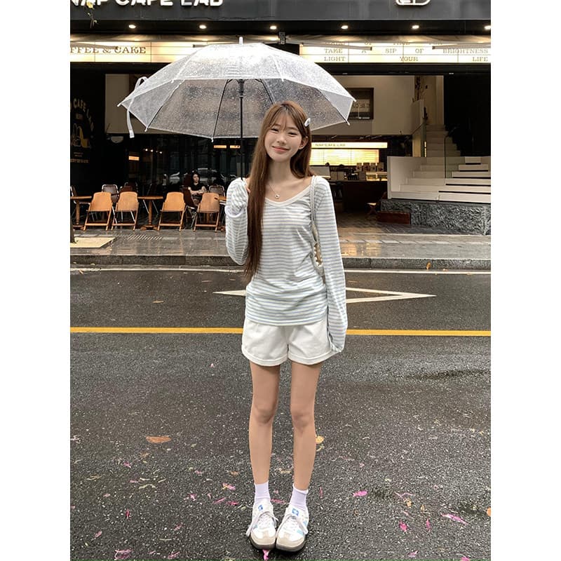 파란색 V넥 스트라이프 자외선 차단 긴팔 티셔츠 여성 여름 한 부서 느슨함 느긋한 센스 루즈핏 블라우스 맨위 이미지 5
