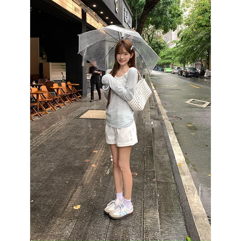 파란색 V넥 스트라이프 자외선 차단 긴팔 티셔츠 여성 여름 한 부서 느슨함 느긋한 센스 루즈핏 블라우스 맨위 이미지 4