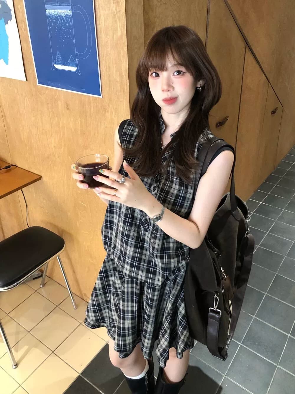 원본 원단 것 레트로 체크무늬 여성 드레스 여름 작은 키 고유 한 아름다운 루즈핏 품격 미니 스커트 이미지 2