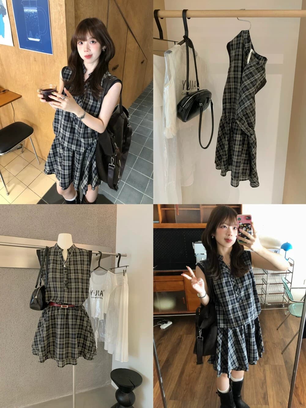원본 원단 것 레트로 체크무늬 여성 드레스 여름 작은 키 고유 한 아름다운 루즈핏 품격 미니 스커트 상세 이미지 1