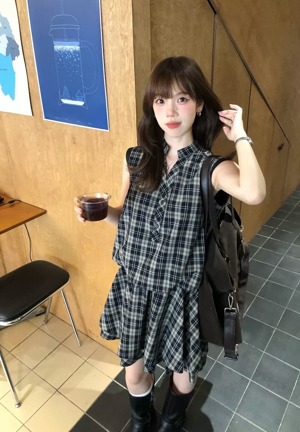 원본 원단 것 레트로 체크무늬 여성 드레스 여름 작은 키 고유 한 아름다운 루즈핏 품격 미니 스커트 상세 이미지 6