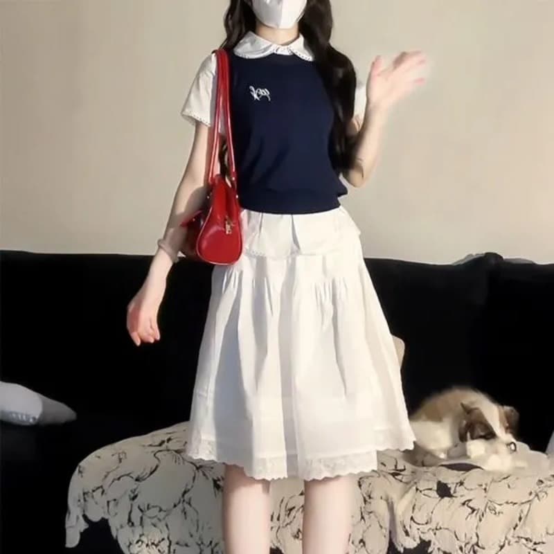 세 조각 세트 한 부서 품격 캐주얼 운동복 세트 여름 2026 새로운 셔츠 반팔 조끼 반신 스커트 이미지 5