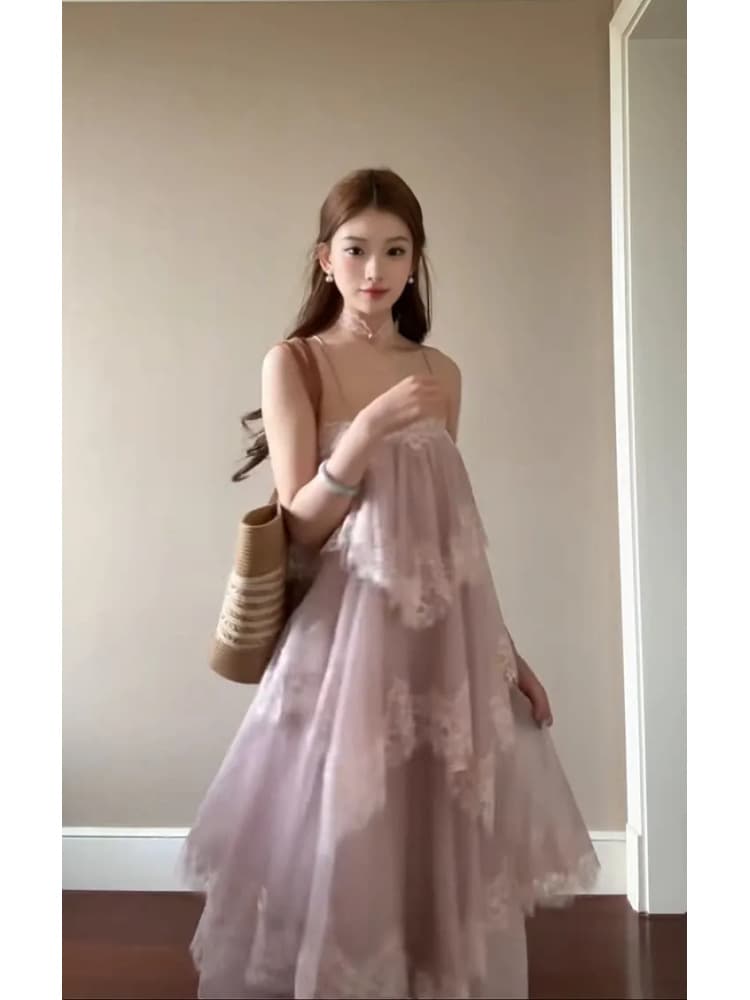 해변가 휴가 부드러운 바람 핑크색 불규칙 레이스 슬립 케이크 드레스 2026 여름 고유 한 아름다운 루즈핏 롱 스커트 상세 이미지 1