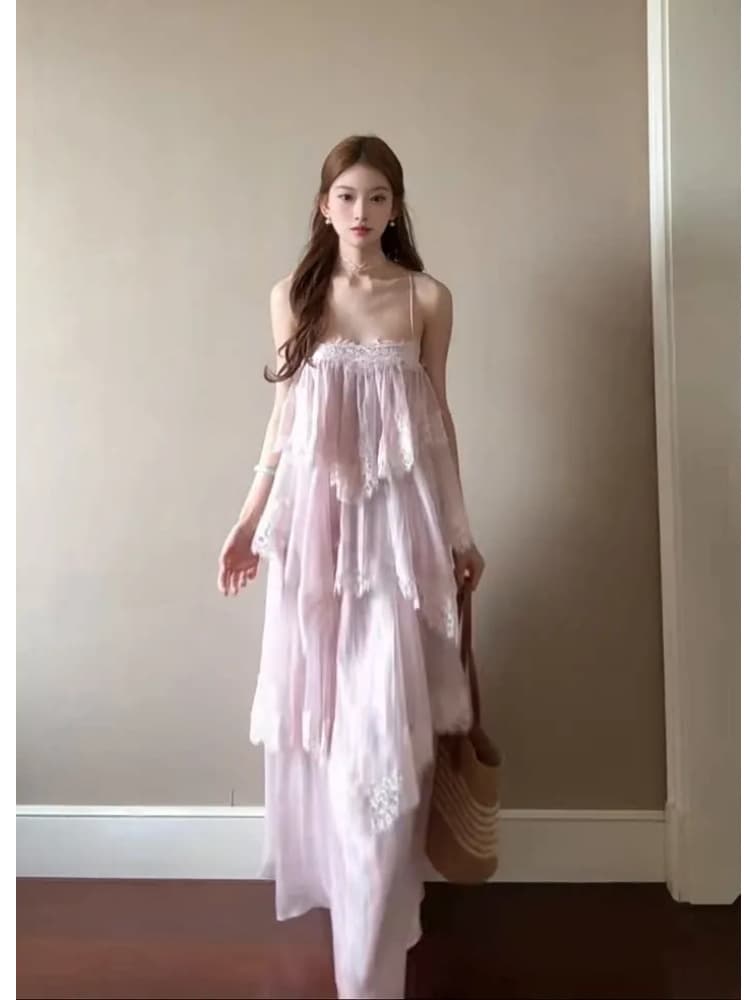해변가 휴가 부드러운 바람 핑크색 불규칙 레이스 슬립 케이크 드레스 2026 여름 고유 한 아름다운 루즈핏 롱 스커트 상세 이미지 2